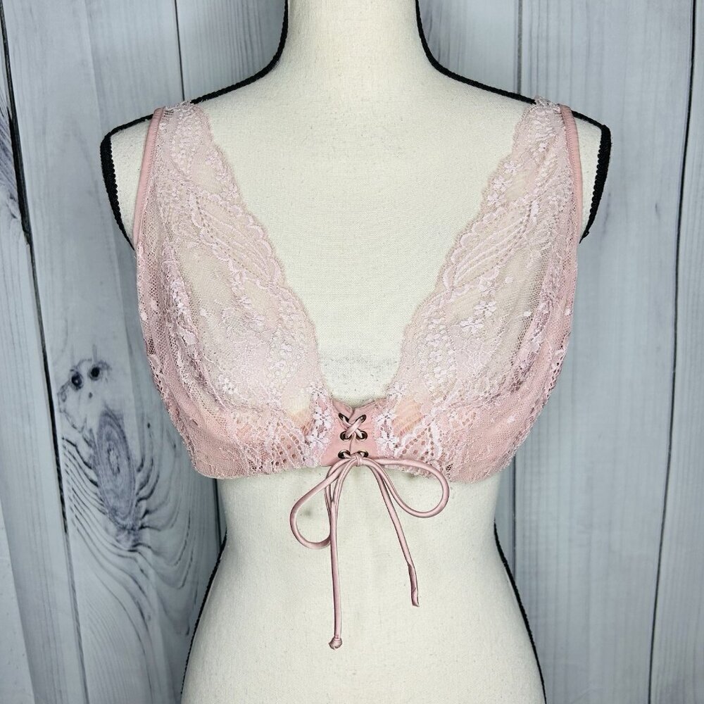 Victoria's Secret Dusty Rose Pink Lace Plunge Bra Size 38D Tie Front